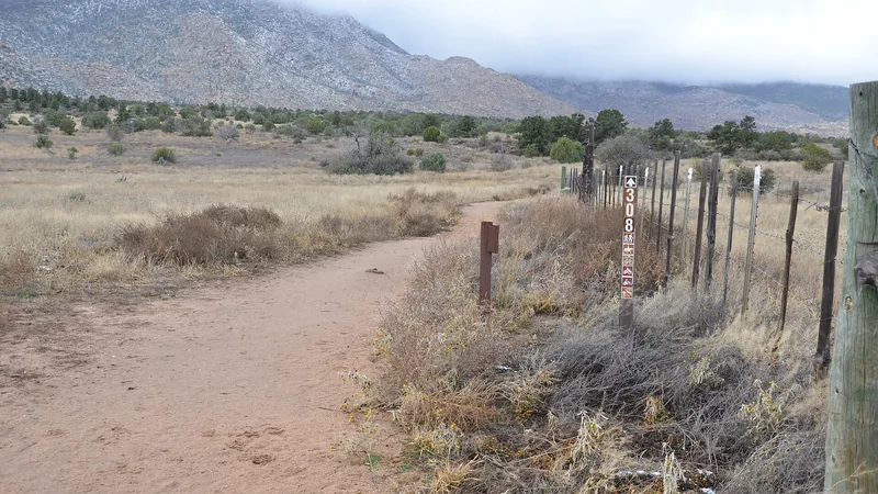 A dirt trail through dry grassland toward cloud-capped Granite Mountain at the Williamson Valley Trailhead in Prescott National Forest